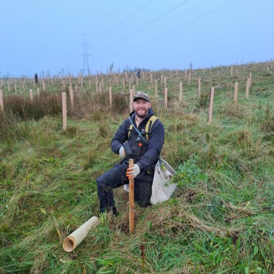 Man knelt down with stake to plant a tree